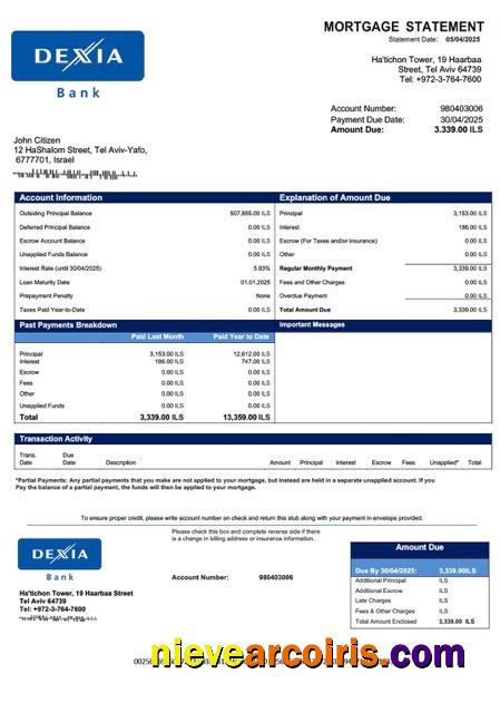 Israel Dexia Bank mortgage statement Word and PDF template